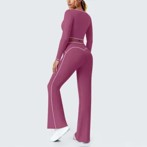 Langarm Schlag Yoga Set Damen Kontrast Paspelierung Fitness Running Sport Outfit