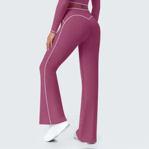 Detailed view of women high waist contrast piping flare yoga pants for fitness and casual wear.