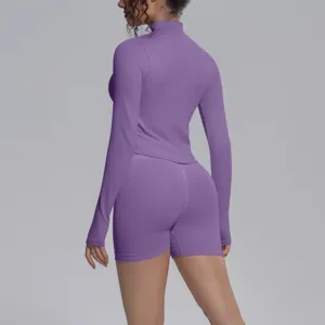 Seamless solid color stretch long sleeve top and shorts yoga set for fitness running.