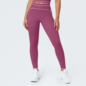 Pantalón de yoga transpirable talle alto, detalle con ribete en contraste para deporte y fitness.