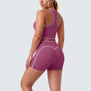 Back view detail of the purple seamless athletic yoga set with stylish white piping design.