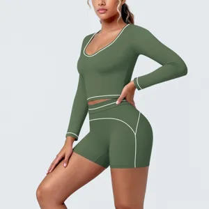 Olive green contrast stitching activewear detail, long sleeve crop top and shorts set.