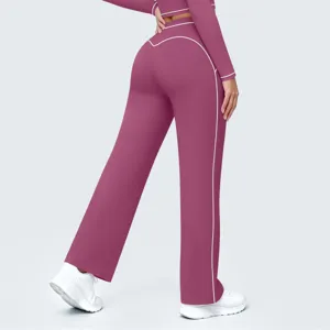 Women's High Waisted Contrast Piping Wide Leg Athletic Pants and Long Sleeve Activewear Set.