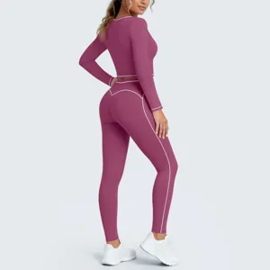 Detailed view of women long sleeve crop top yoga set with contrast piping fitness activewear