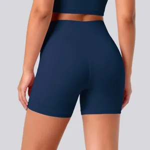 High-waisted athletic yoga shorts in deep blue, offering tight fit for fitness and sports.