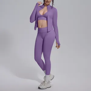 Set yoga fitness elastico tinta unita senza cuciture dettaglio con giacca e pantaloni.