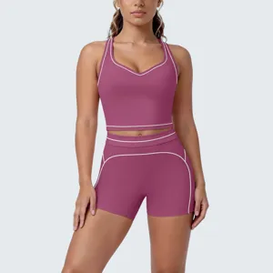 Detailed view of the contrast piping sports bra and fitness shorts yoga fitness set.