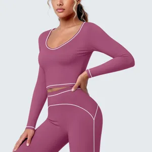 Damen Fitness Set Langarm Sport Top und Leggings mit Kontrastpaspelierung Yoga Sportbekleidung.