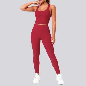 Detail shot of seamless ribbed yoga set in vibrant red, showing comfortable fit and texture.