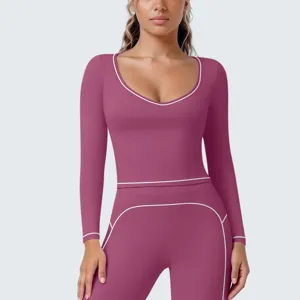 Damen Sportbekleidung Set langarm Oberteil und Leggings mit Kontrastbiesen.