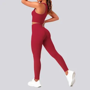 Red backless yoga set, women fitness sports wear, seamless running leggings and active bra top.