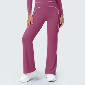 Women high waist flared yoga pants with contrast piping long sleeve activewear set detail