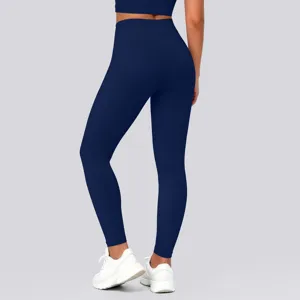 Navy blue high-waisted seamless yoga leggings back view, athletic stretch fitness pants