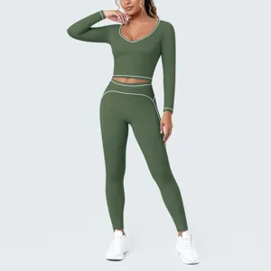Contrast trim long sleeve crop top and leggings yoga set for women fitness sportswear