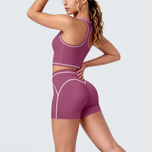 Women contrast piping racerback sports bra and fitness shorts athletic yoga set apparel