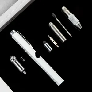 Multi-function tool pen 9-in-1 with scale ruler screwdriver stylus and LED light components.