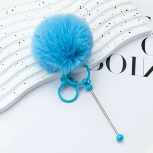 Fluffy blue pom pom keychain cute plush charm crystal beaded metal keyring accessory