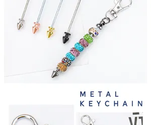 Detailed view of DIY metal keychain with colorful rhinestone beads and conical bullet metal rods.