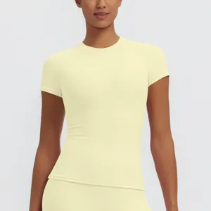 Detailed view of women slim fit short sleeve sports t-shirt breathable yoga top gym wear.