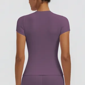 Women purple short sleeve fitness yoga t-shirt quick drying slim running athletic top