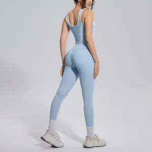 Light blue contrast yoga set with ribbed tank top and high stretch leggings for active training.
