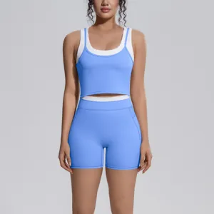 Close-up detail of the breathable athletic tank top and shorts set for fitness workout.