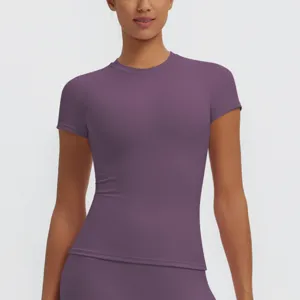 Close-up detail of the women slim fit quick-dry running t-shirt, breathable yoga top.