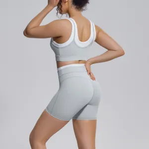 Two-piece yoga set color blocked athletic gym crop top high waist shorts activewear