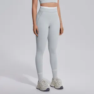 Detail pantalon de yoga taille haute couleur contraste, leggings sport fitness respirant