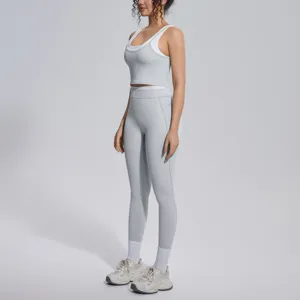 Grey contrast color ribbed crop top high waist leggings activewear set detail view.