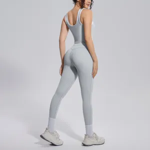 High elasticity breathable grey yoga set tank top leggings two-piece activewear fitness sport.