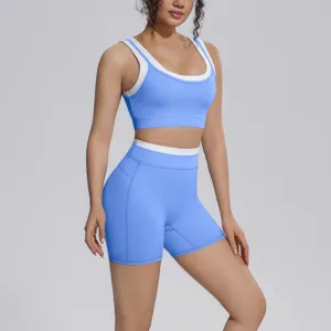 Close-up detail of the blue-white contrast yoga set, showing soft fabric and fit.