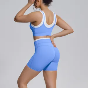 Colorblock activewear yoga set, featuring a double-strap sports bra and active fitness shorts.