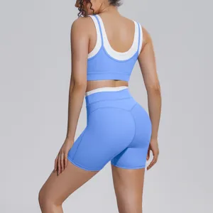 Back view detail of blue and white colorblock yoga set activewear for women fitness.