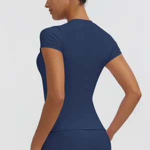 Women slim fit short sleeve sports yoga top in dark blue, back view detail showcasing fit.