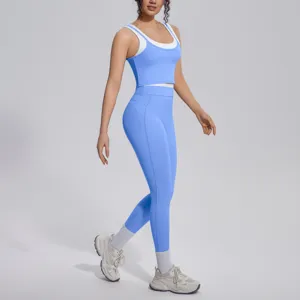 Detailed view of the blue and white layered activewear sports bra and high waist leggings set.