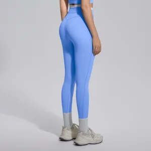 Leggings de yoga bleus taille haute, vue de détail, tissu extensible et coupe ajustée.