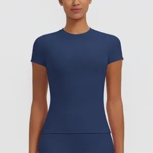 Women's short sleeve slim fit athletic t-shirt for running, yoga, and fitness workout.