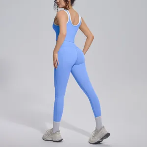 Blue color-block ribbed activewear set featuring a supportive yoga vest and high-waisted leggings.