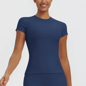 Navy blue short sleeve athletic running t-shirt detail showing slim fit workout top design.