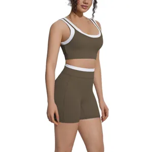 Contrast color sports bra and high waist yoga shorts activewear set for gym fitness running.