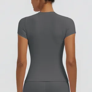 Women short sleeve sports yoga t-shirt dark gray slim fit activewear top running gym
