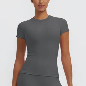 Women slim-fit short sleeve quick-dry sports t-shirt for yoga, running, and fitness workouts.