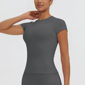 Women's Slim Fit Short Sleeve Yoga Top Athletic Gym Running T-Shirt in Dark Grey Color