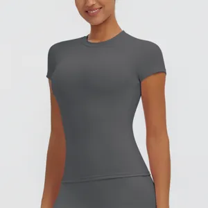 Dark grey fitness short sleeve top close-up, breathable athletic apparel detail view.