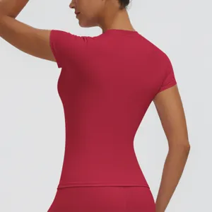Women's slim-fit short sleeve sports top in red, perfect for yoga, fitness and running.