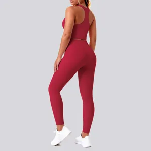 Back view detail of solid red sport bra and high waist yoga leggings activewear set
