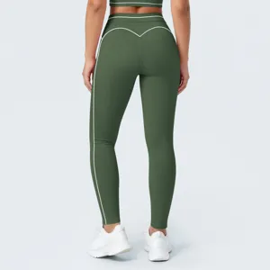 Leggings de yoga verdes de talle alto con ribetes blancos contrastados para fitness mujer