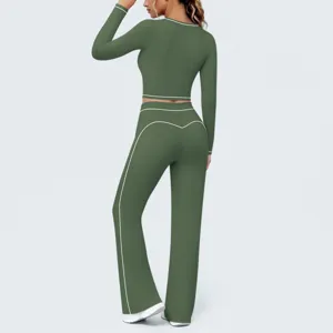 Grünes Kontrast Langarm Crop Top und Weitbein Yoga Set Sportbekleidung Fitness