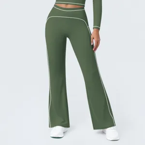 Women high waist contrast piping yoga set long sleeve crop top flare pants green activewear